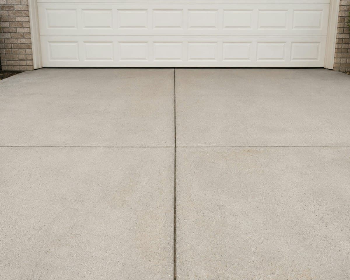 A plain concrete driveway in front of a closed garage door